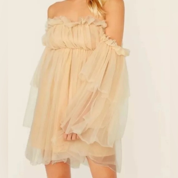 SHEIN Women's XS Beige Off-Shoulder Tulle Party Dress Flared Sleeves - Picture 3 of 8